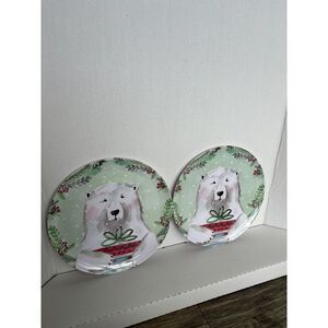 Set of 2 Holiday Christmas‎ Polor Bear Present Round Melamine Plates